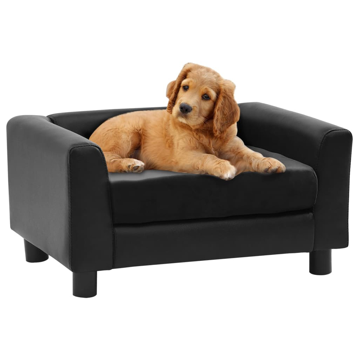 Hund liegt auf schwarzem Haustiersofa. Es ist ein kleines, modernes Sofa, mit einem Hund darauf.