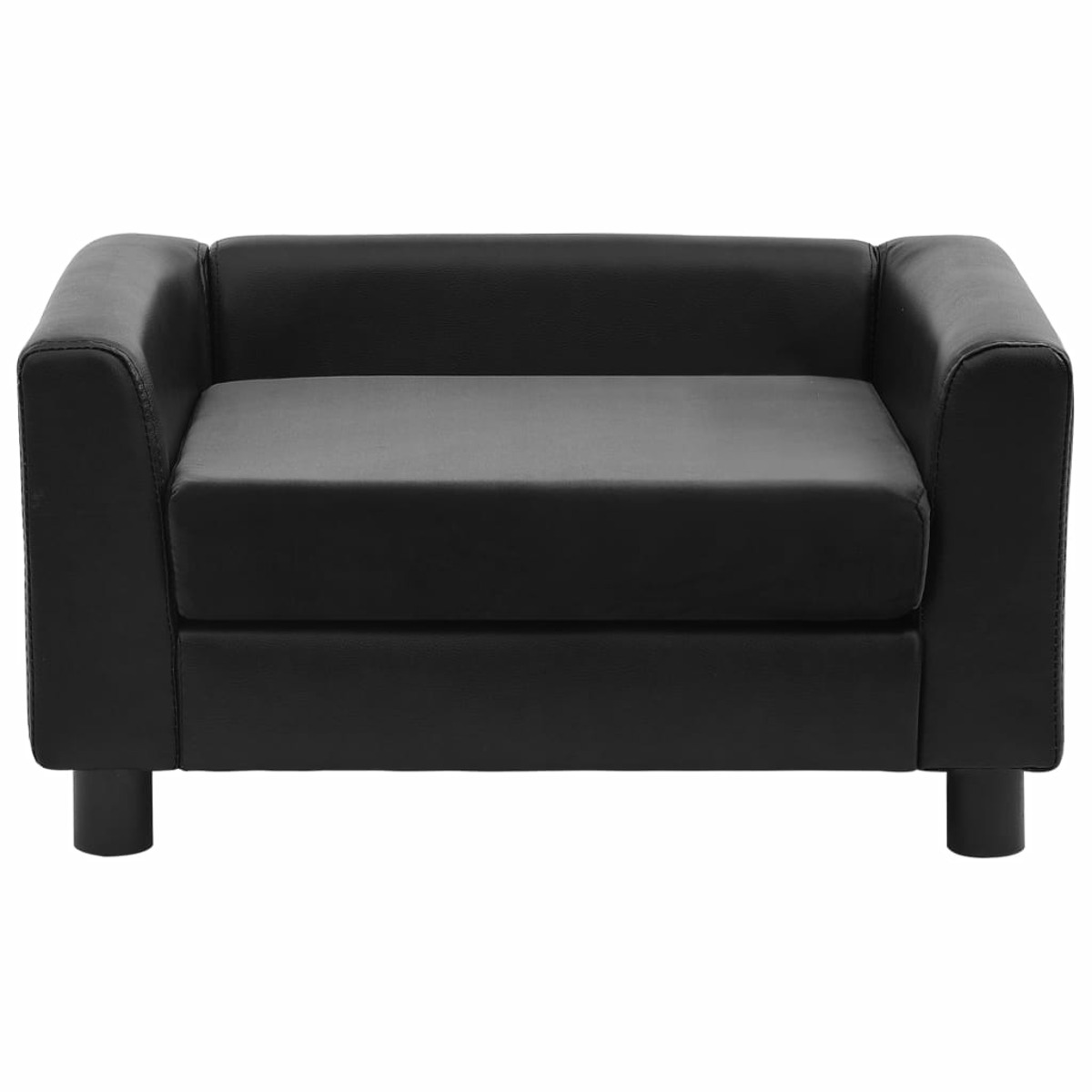 Ein schwarzes Hundebett aus Leder mit vier kurzen schwarzen Beinen.