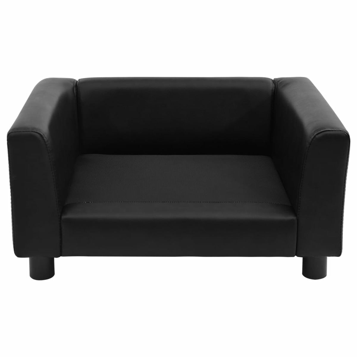 Schwarzes Leder-Hundesofa mit quadratischer Form und kurzen schwarzen Beinen.