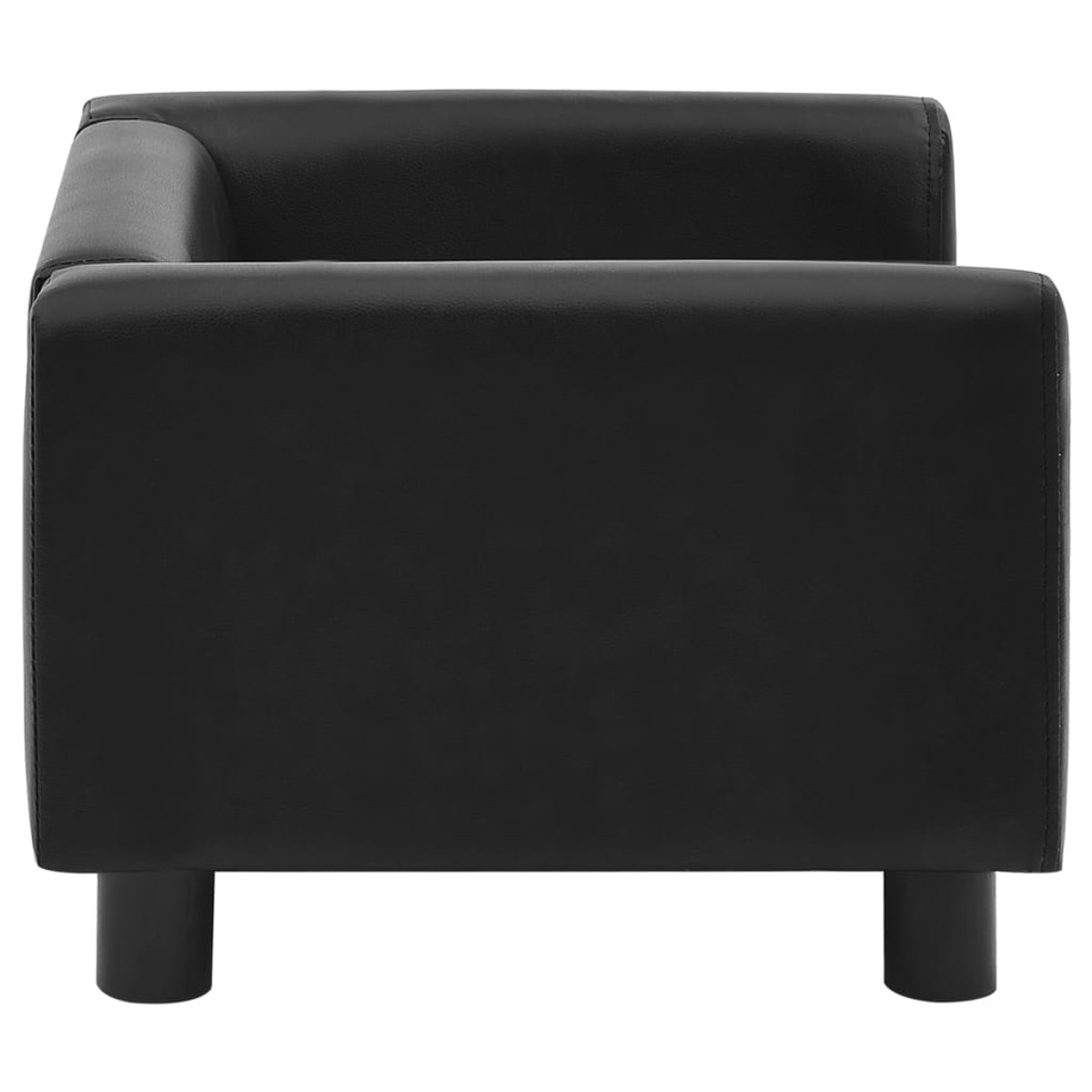 Ein schwarzes Einzelsofa mit vier kurzen, runden Beinen. Schwarzes Leder.