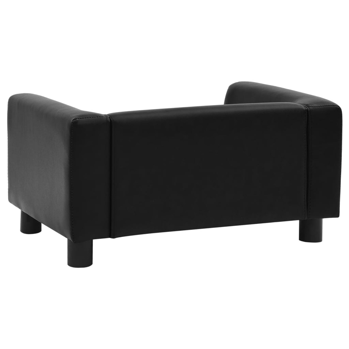 Ein schwarzes, quadratisches Hundebett mit kurzen Beinen wird von hinten betrachtet.