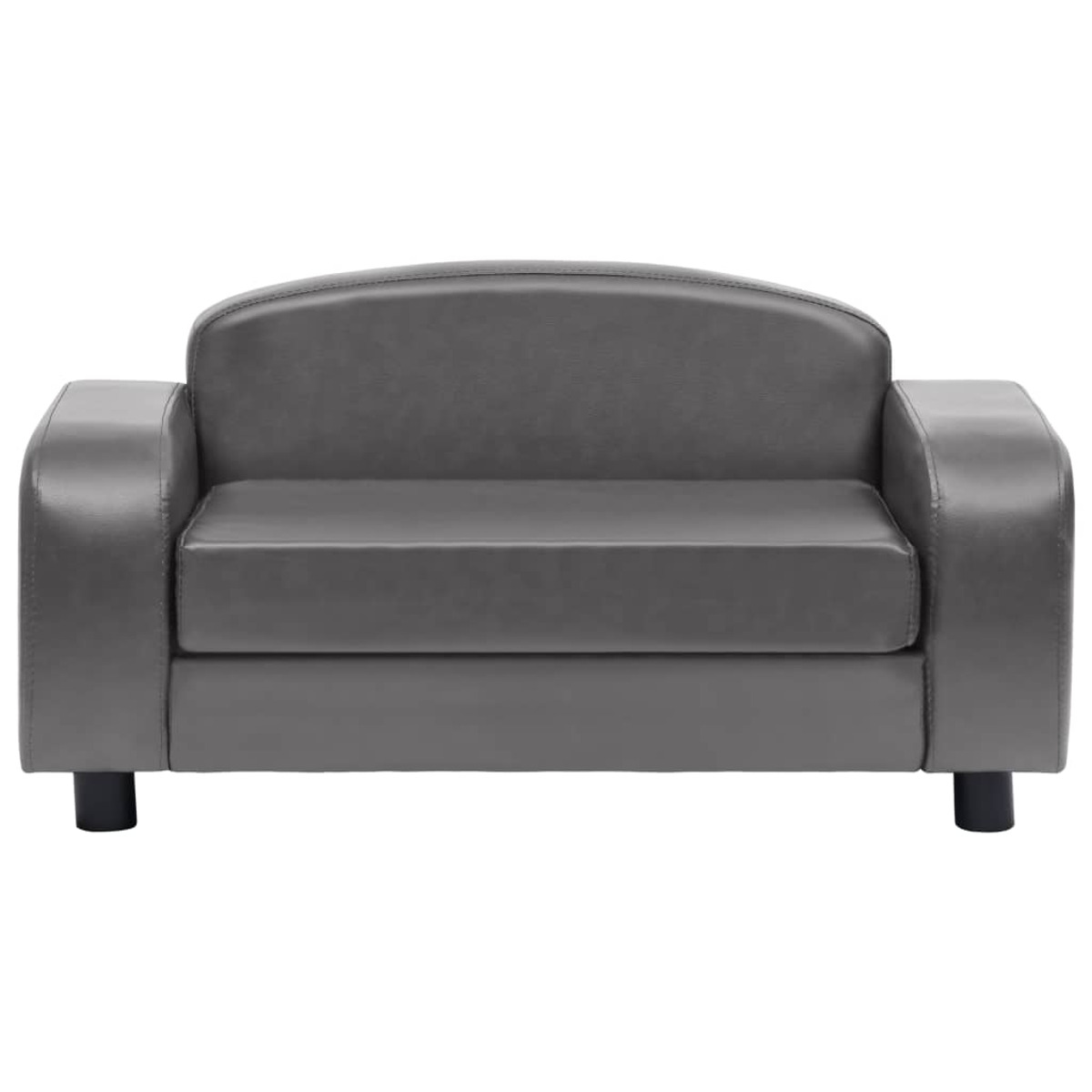 Ein graues, lederartiges kleines Sofa mit schwarzen Beinen.