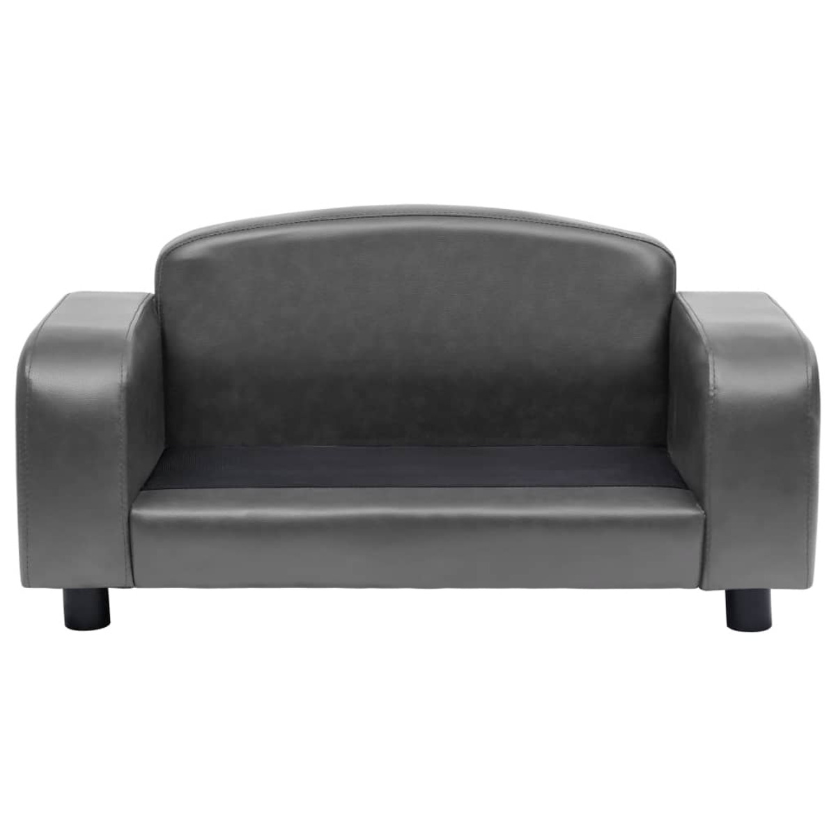 Graues Kunstledersofa auf weißem Hintergrund. Es hat zwei Armlehnen und schwarze Beine.