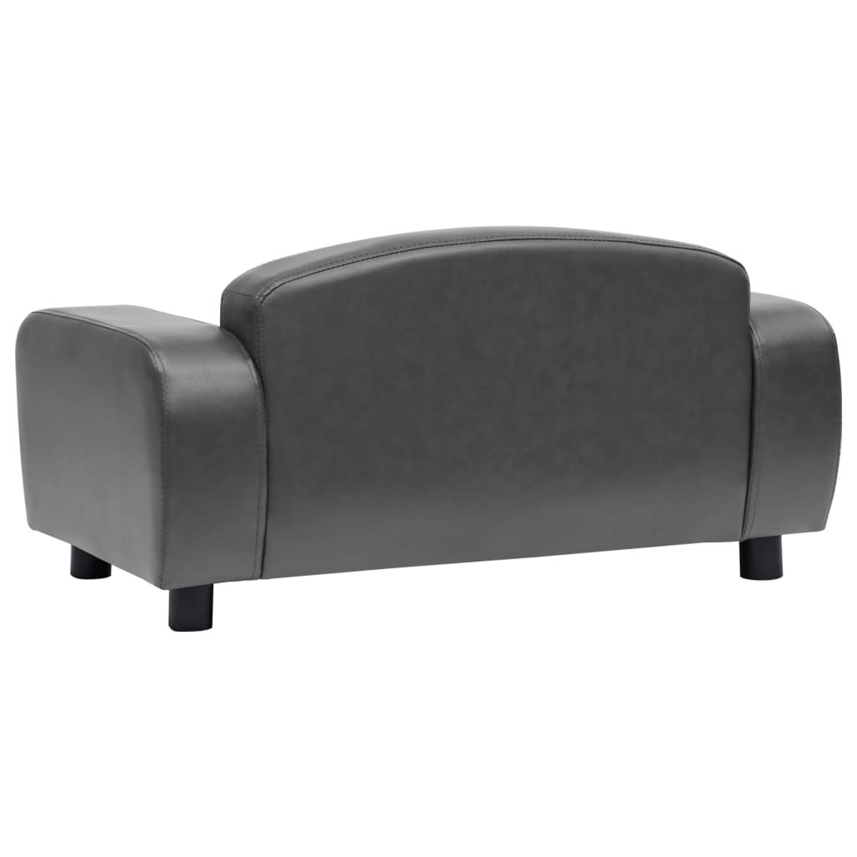Graues, lederartiges Kindersofa. Rücken und Arme sind sichtbar. Schwarze Beine unten.
