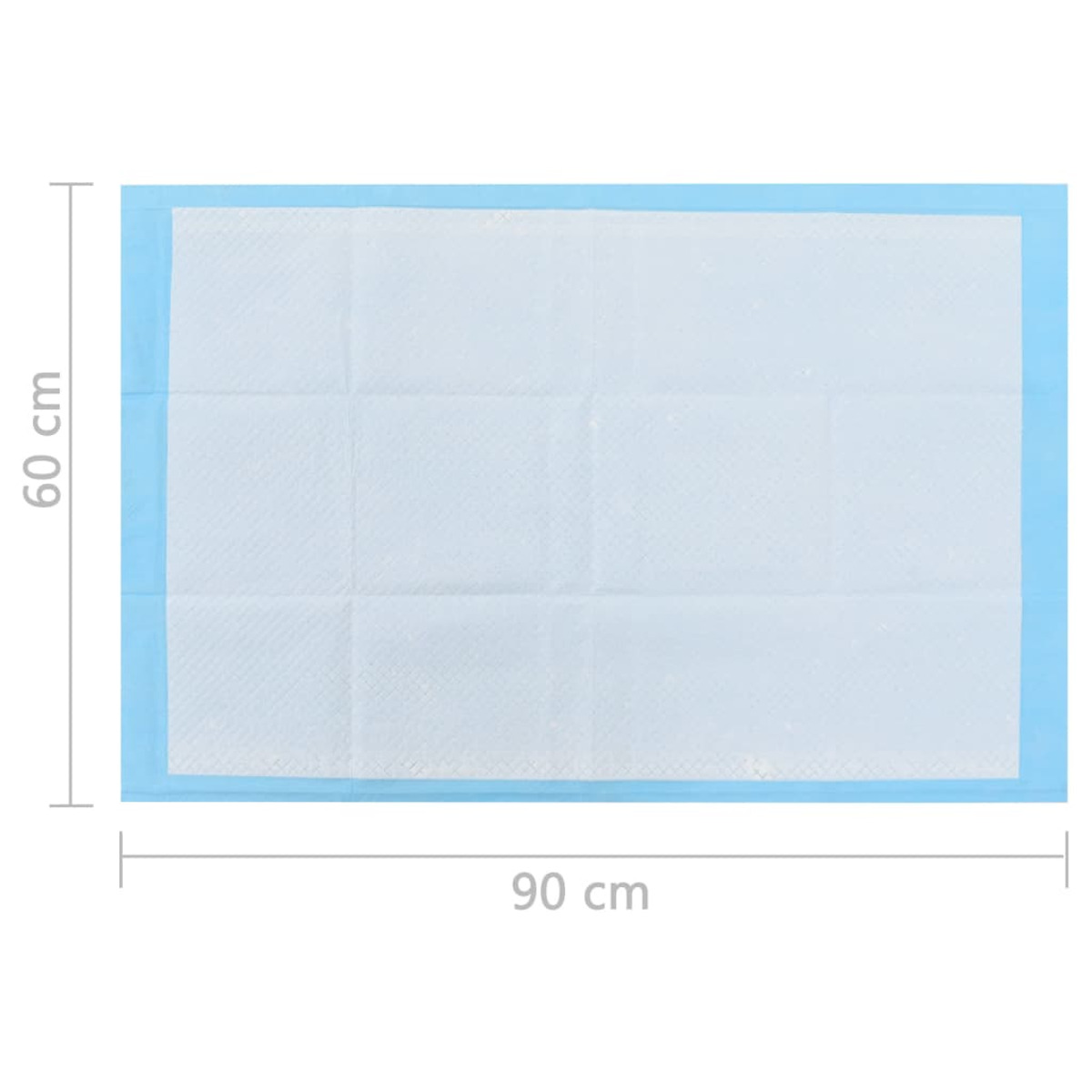 Weißes saugfähiges Pad mit blauen Rändern. Die Abmessungen sind 60x90 cm.