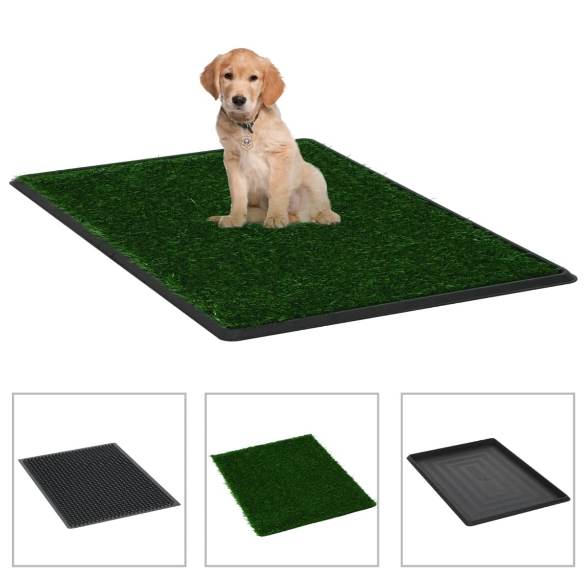 Ein Golden Retriever Welpe sitzt auf einer grünen Kunstrasenmatte mit schwarzem Rand.
