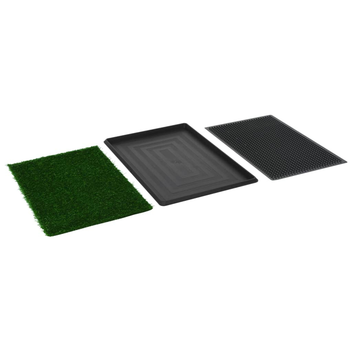 Grüner Rasen, schwarze Schale und ein schwarzes Gitter auf Weiß.