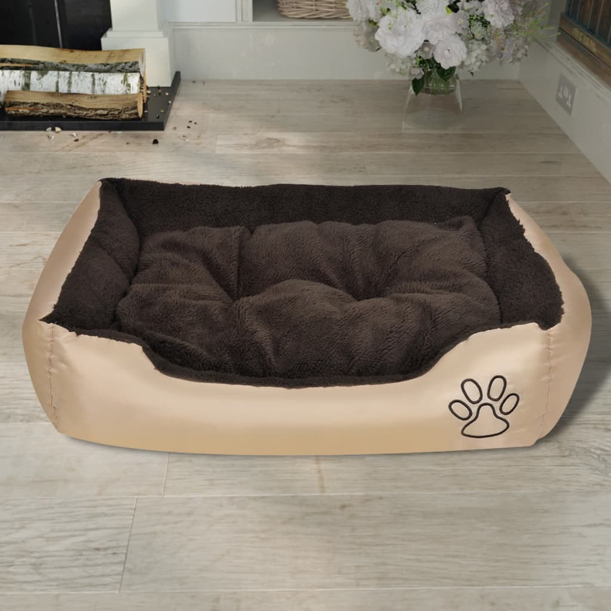 Haustierbett, braunes Plüschinterieur, beiges Äußeres, Pfotenabdruck rechts.