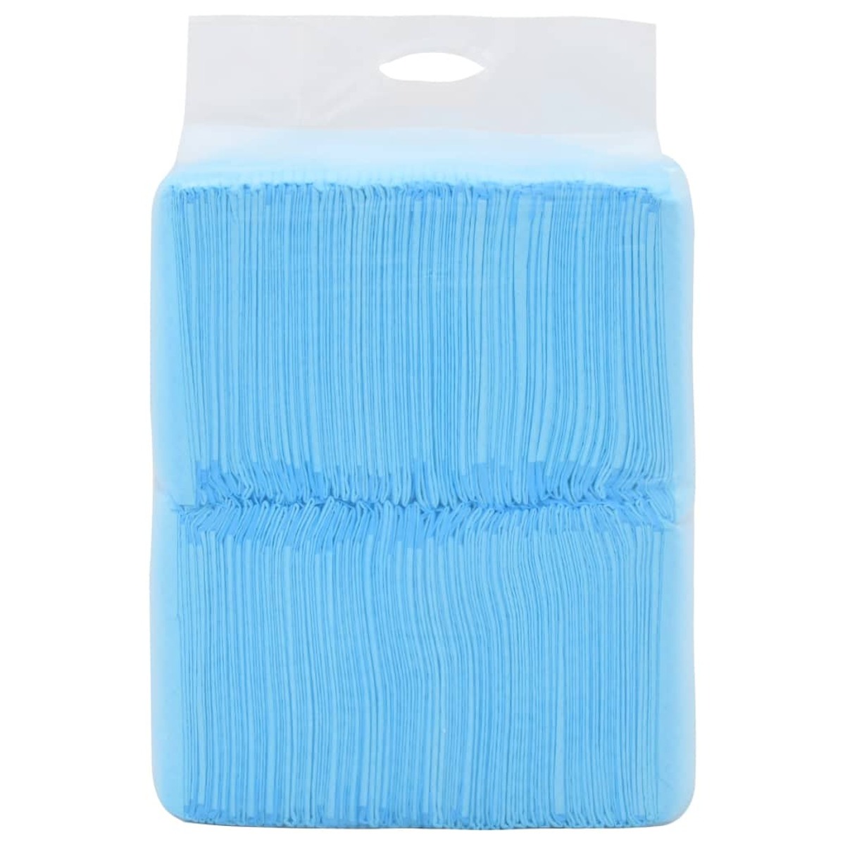 Stapel blauer saugfähiger Pads in einem transparenten Plastikbeutel.