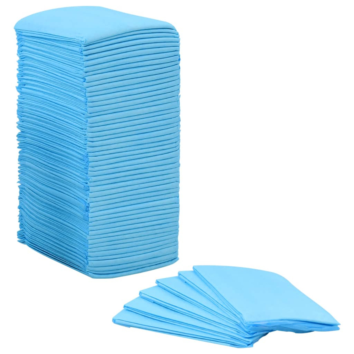 Stapel blauer saugfähiger Pads. Einige Pads auf der rechten Seite ausgebreitet. Weißer Hintergrund.
