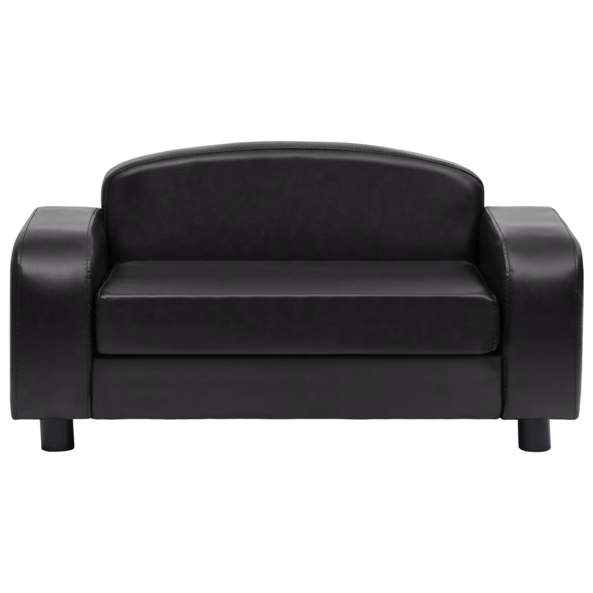 Ein schwarzes Ledersofa mit zwei Sitzen und schwarzen Beinen.