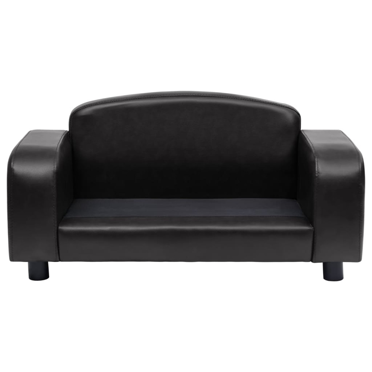 Schwarzes Kunstleder-Liebesofa auf weißem Hintergrund. Es hat zwei Armlehnen und schwarze Beine.