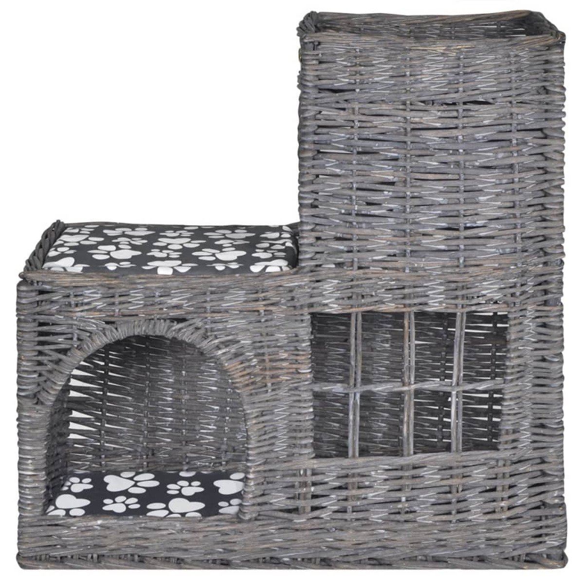 Graues Katzenhaus mit mehreren Ebenen, gewebter Struktur, Fenstern und gepolstertem Dach und Boden.