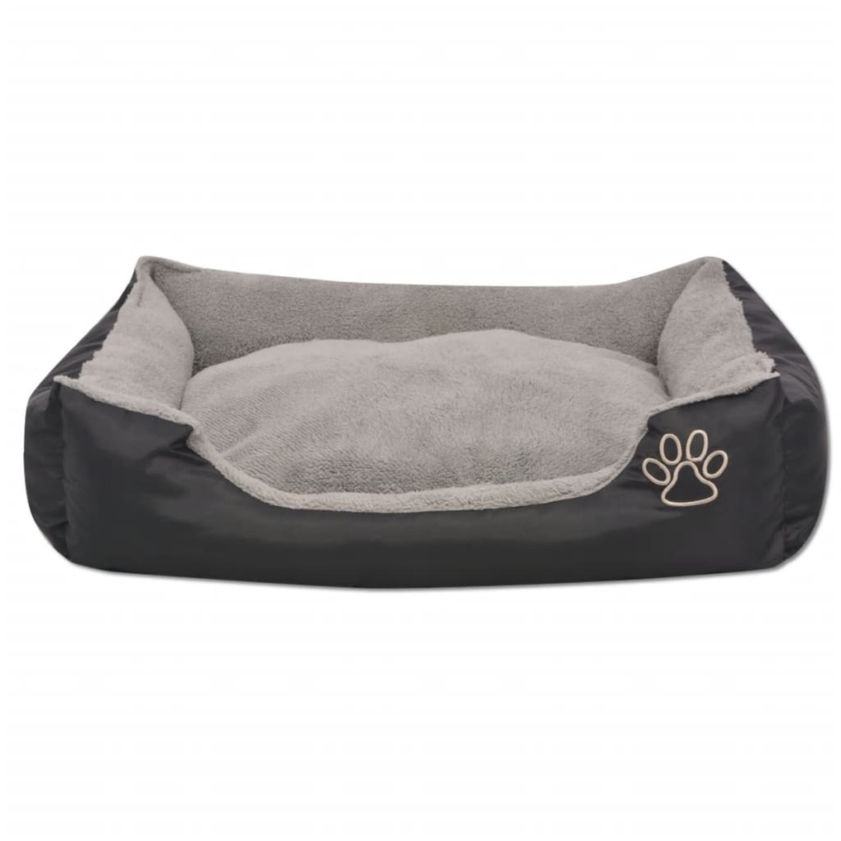Schwarzes Hundebett mit grauem Innenraum und Pfotenabdruck. Das Bett ist rechteckig mit erhöhten Seiten.