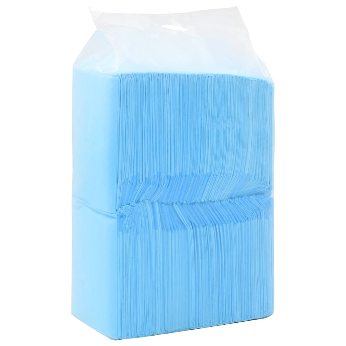 Ein Stapel blauer Wischtücher in einer durchsichtigen Plastiktüte, Nahaufnahme.