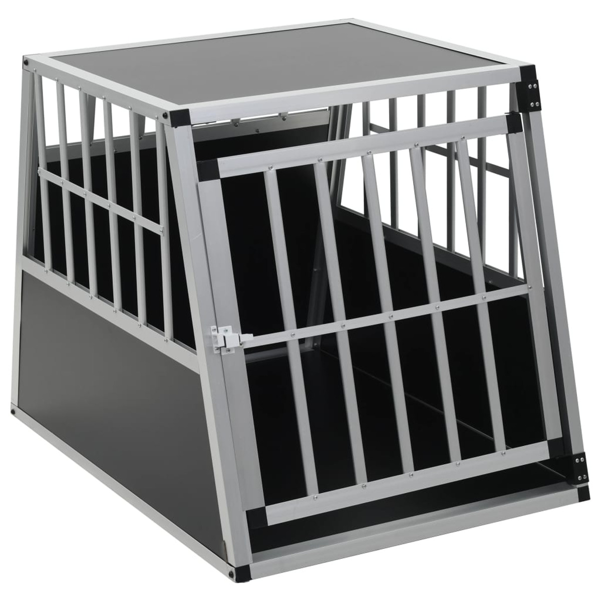 Eine Metall-Hundebox mit Vordertür und schräger Oberseite. Der Innenraum ist schwarz.