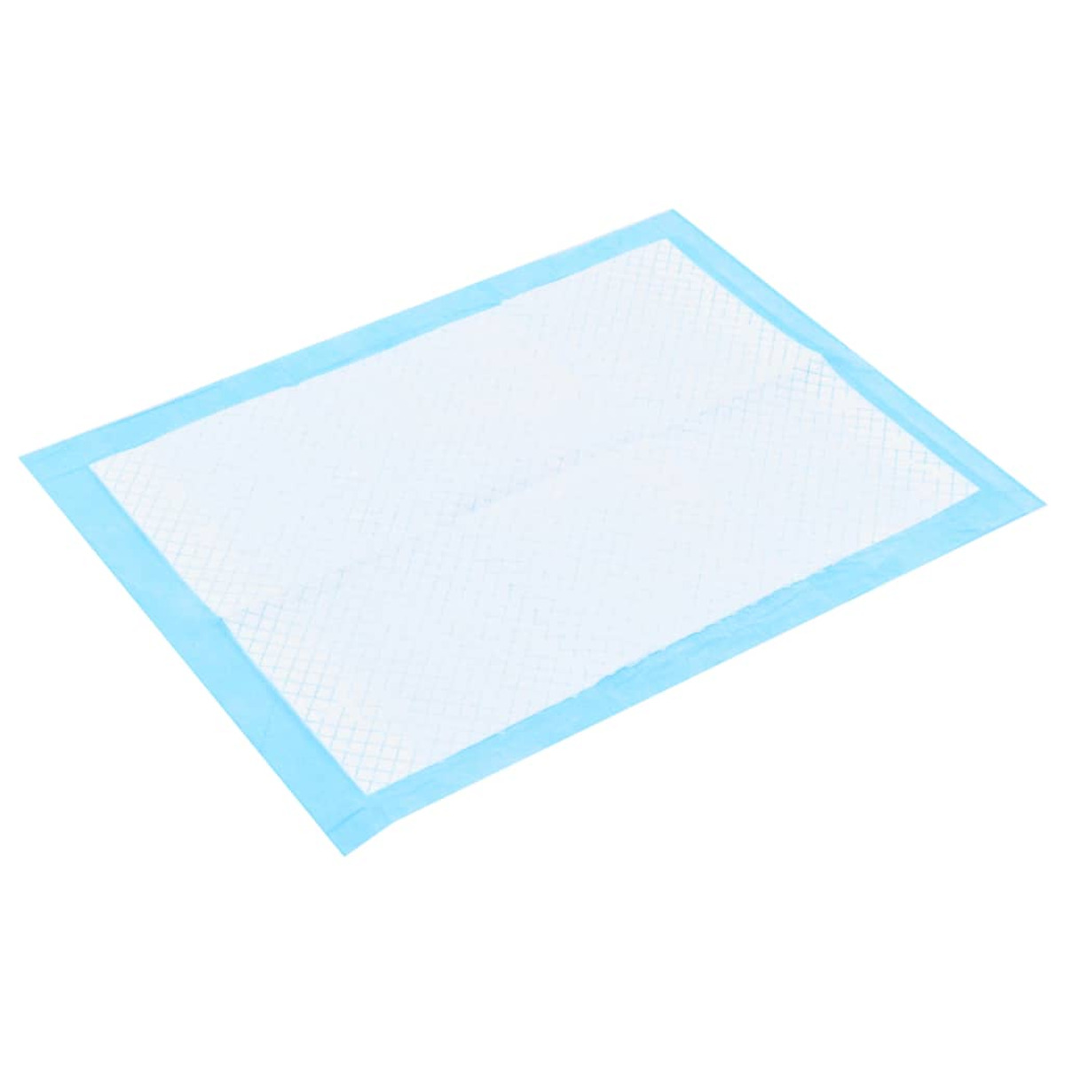 Ein weißes und blaues rechteckiges Urinpad liegt auf einer weißen Oberfläche.