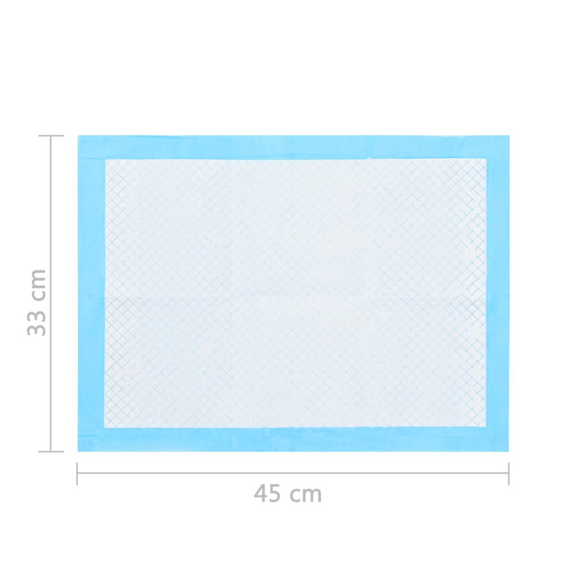 Blau-weißes saugfähiges Pad mit den Maßen 33 cm x 45 cm. Weißes Gittermuster.