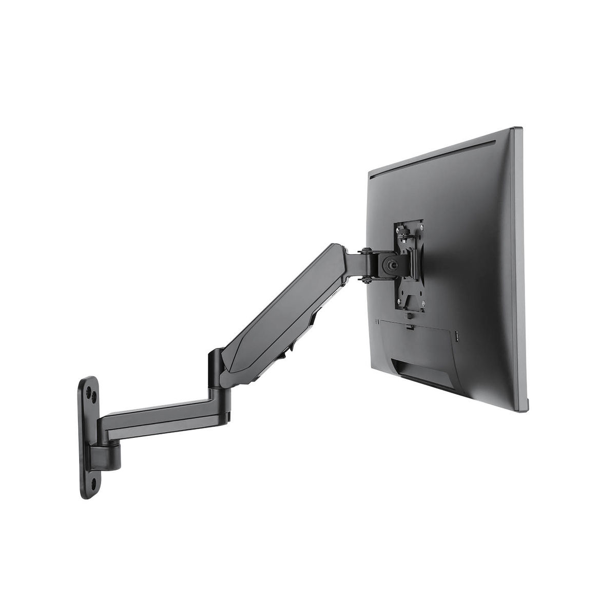 Een monitor gemonteerd op een verstelbare arm, aan een muur bevestigd.