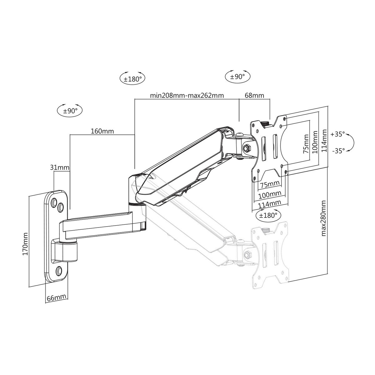 Diagram van een monitorarm, met afmetingen en graden van beweging in een technische tekening.