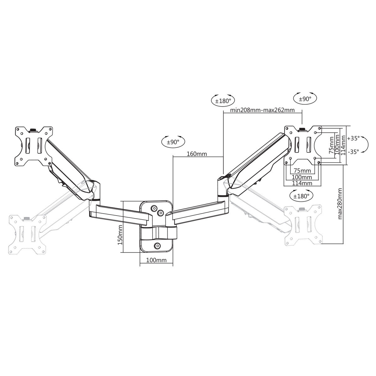 Disegno tecnico di un braccio per monitor, con dimensioni e gradi di movimento.