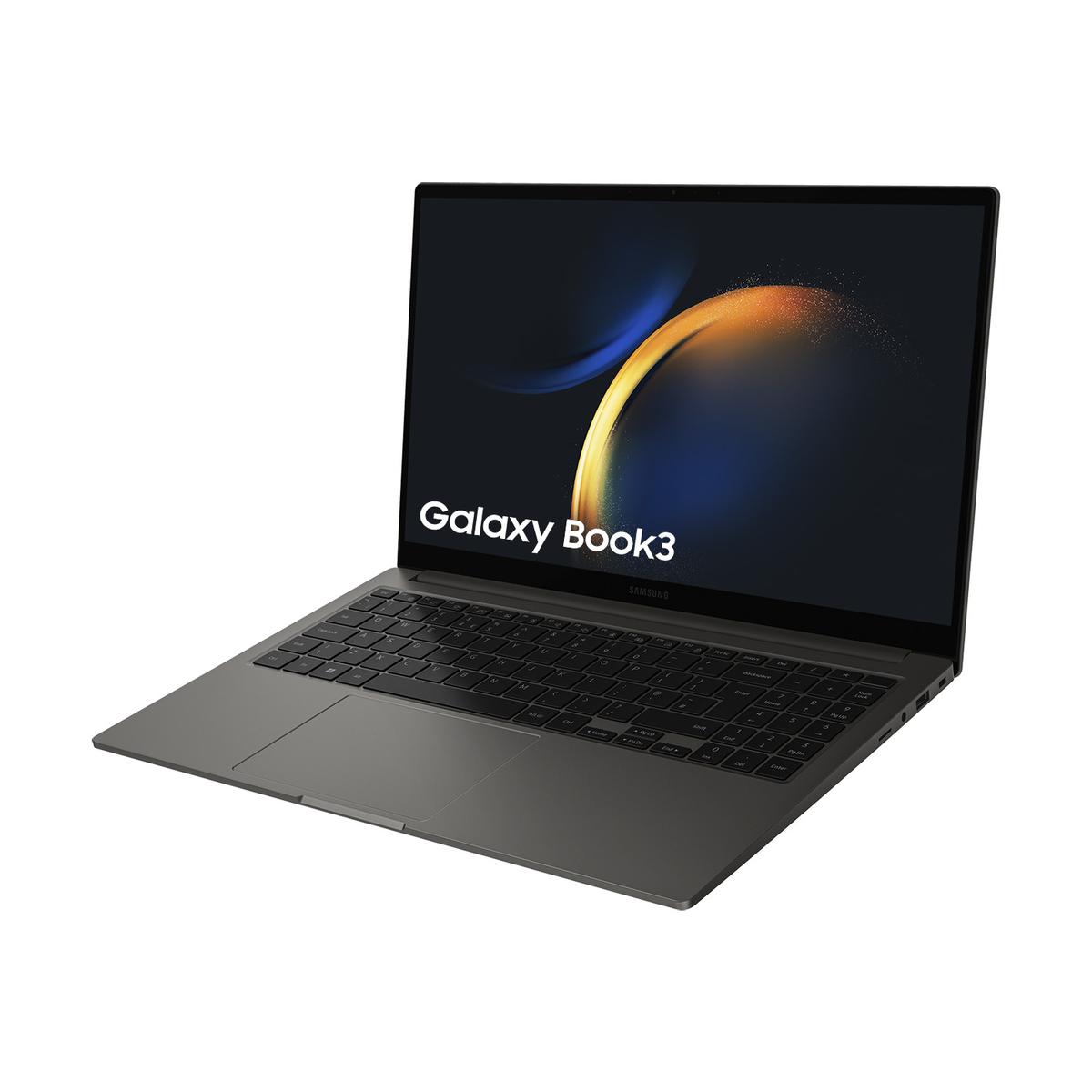 Un portátil gris Samsung Galaxy Book3, abierto, mostrando una pantalla curva.