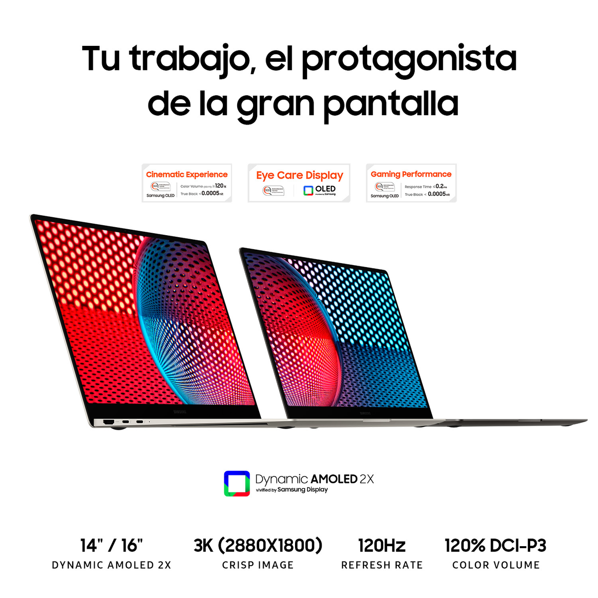Dos portátiles lado a lado, con texto sobre pantallas OLED y características, sobre fondo blanco.