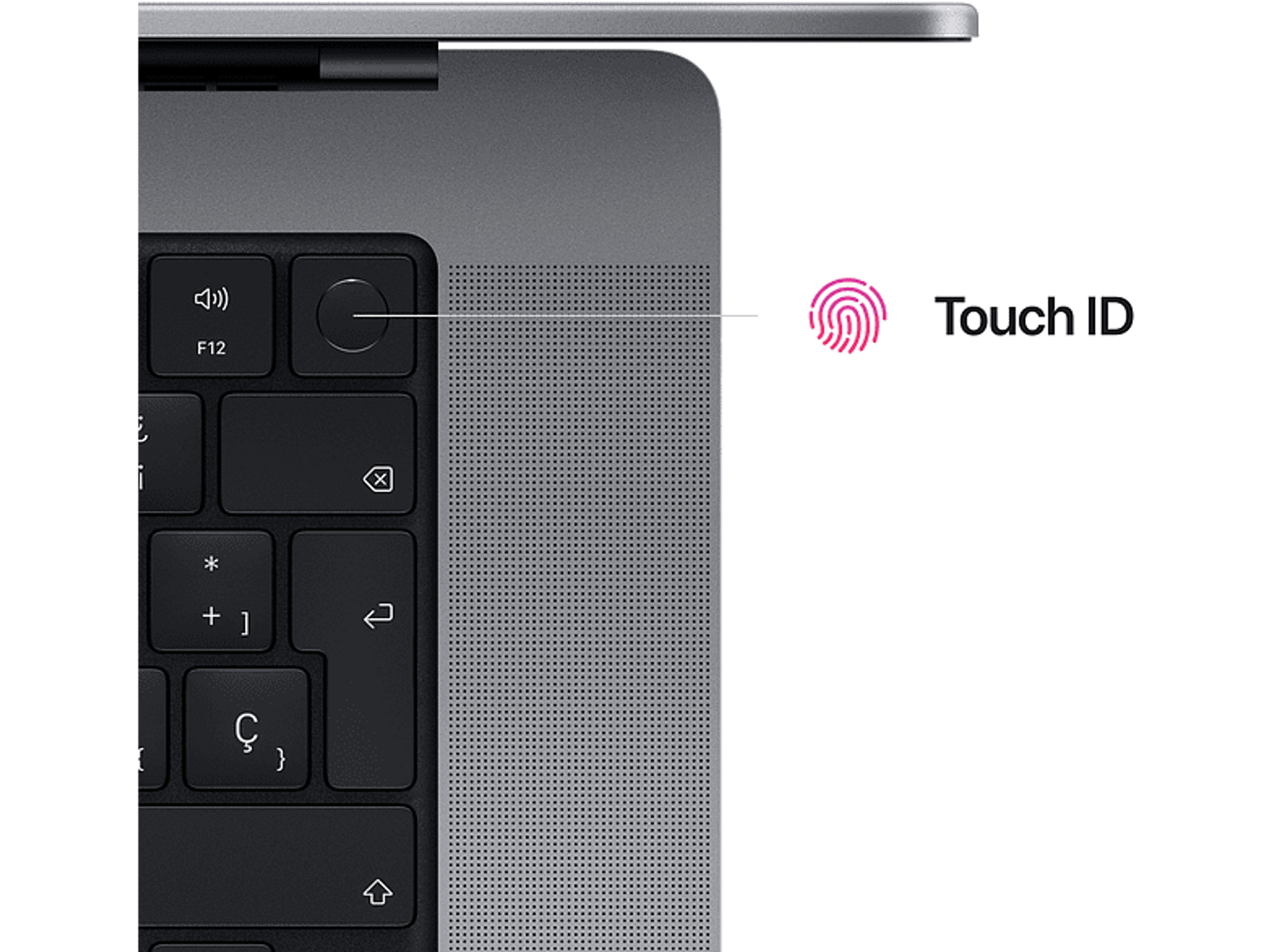 Close-up van het toetsenbord en de luidspreker van een laptop. De Touch ID vingerafdruksensor wordt aangegeven.