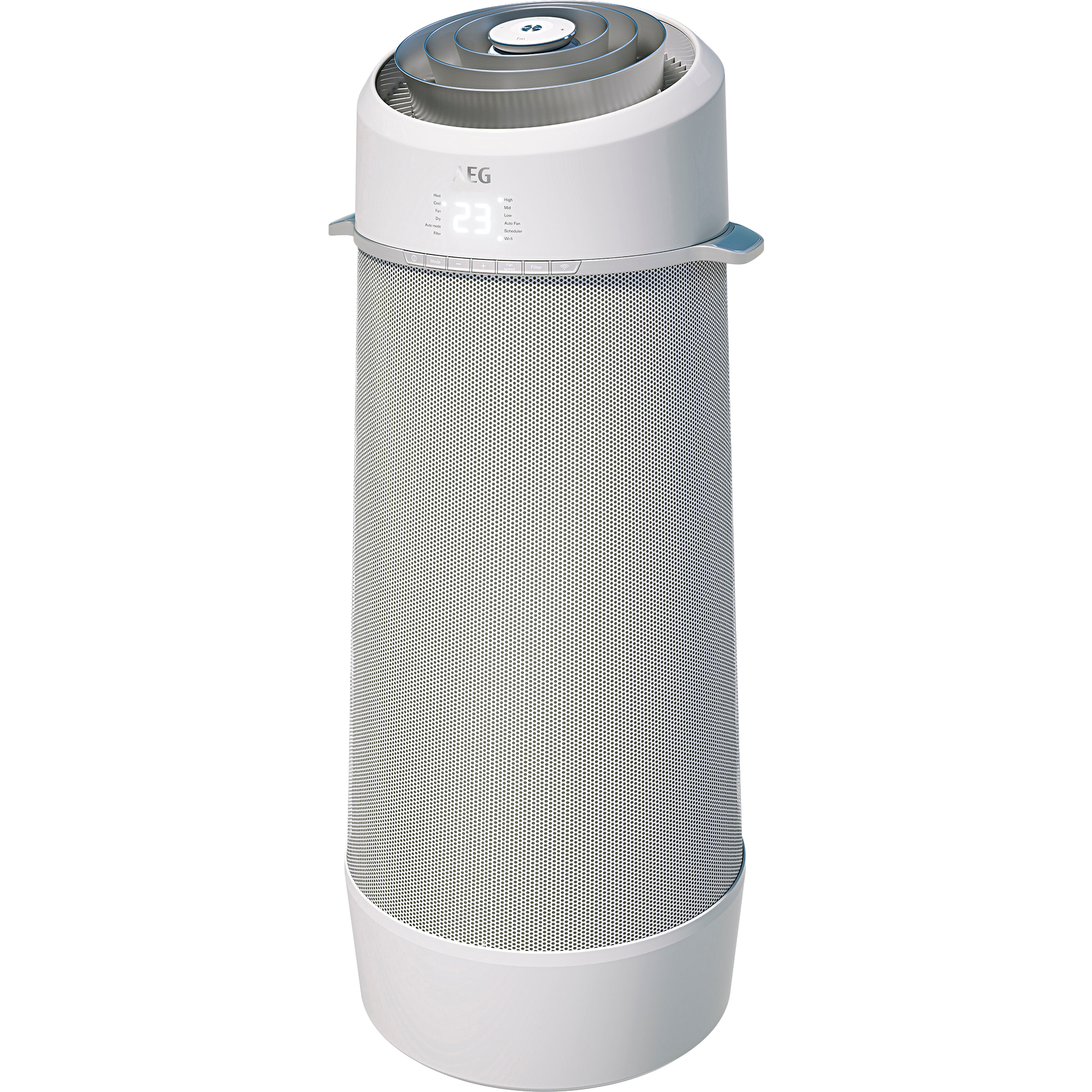 Biały cylindryczny oczyszczacz powietrza z wyświetlaczem cyfrowym i czarną siatką.