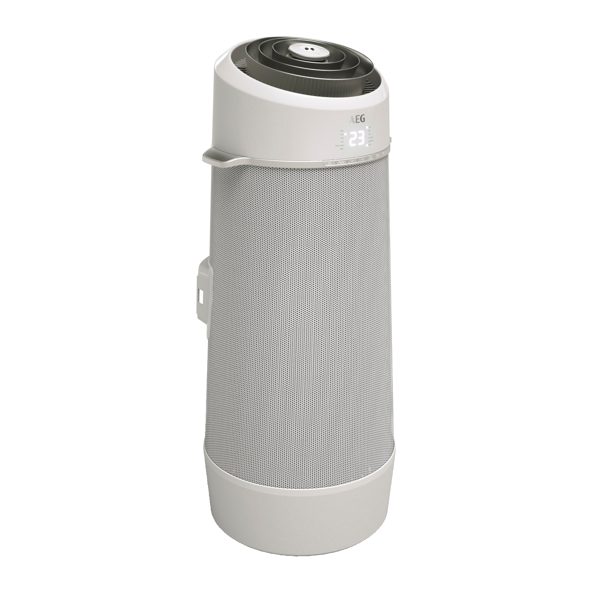 Biało-szara cylindryczna oczyszczacz powietrza z cyfrowym wyświetlaczem pokazującym '23'.