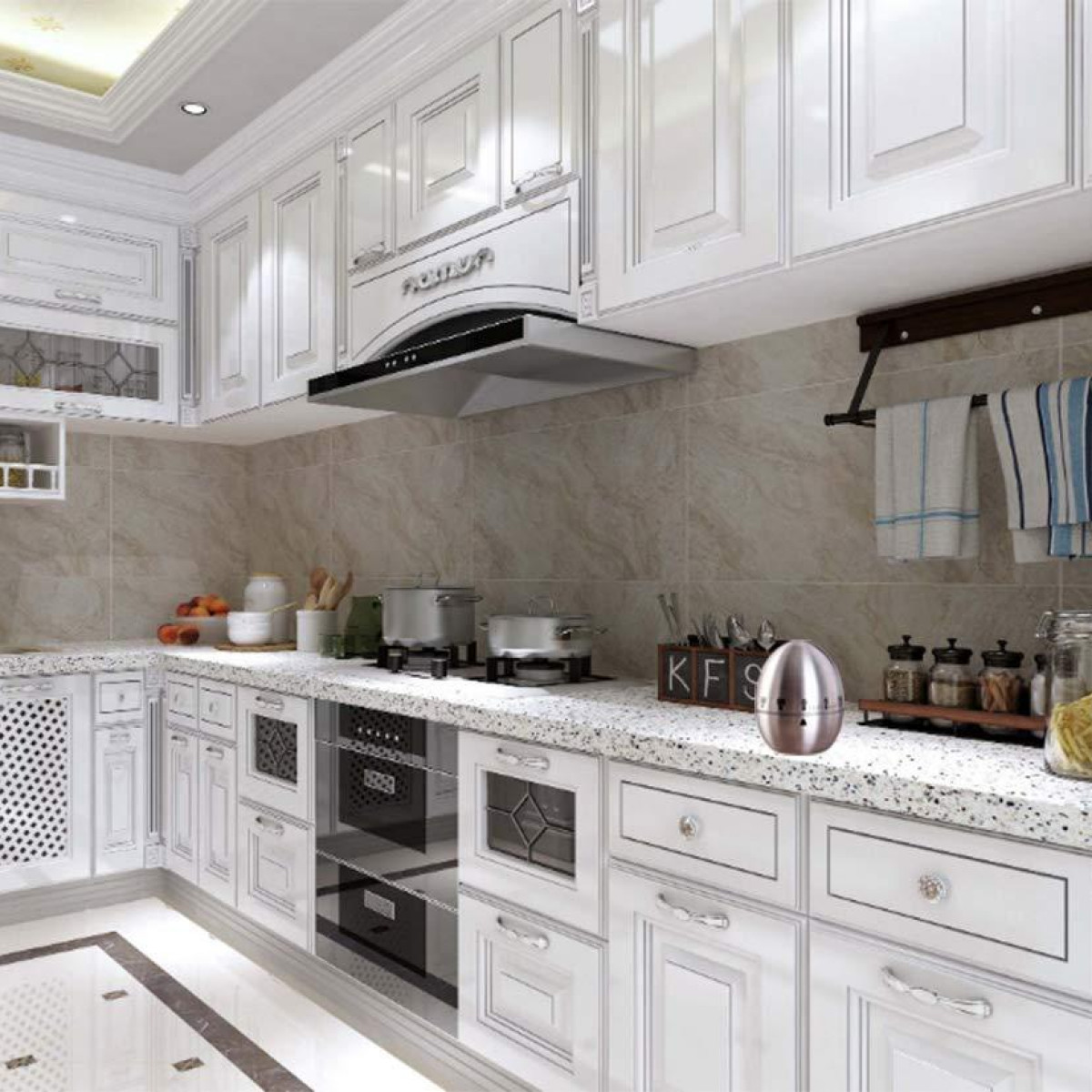 Biała kuchnia z szafkami, sprzętem AGD i blatami. Garnki na kuchence. Ręczniki na wieszaku.