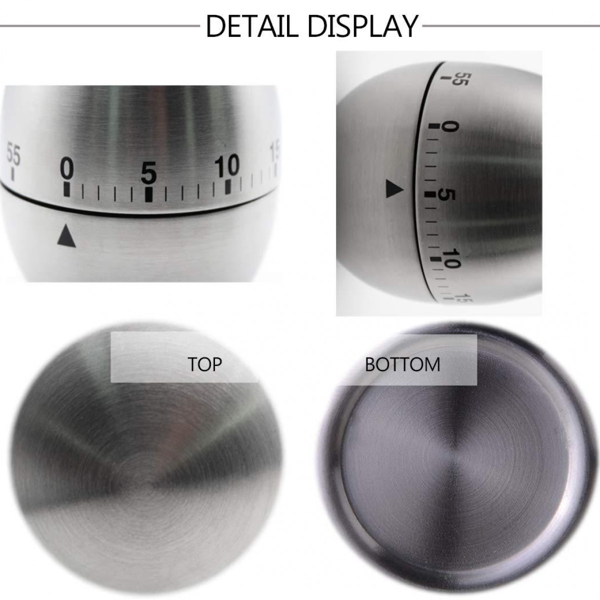 Zbliżenia srebrnego minutnika kuchennego pokazujące liczby i pokrętło.