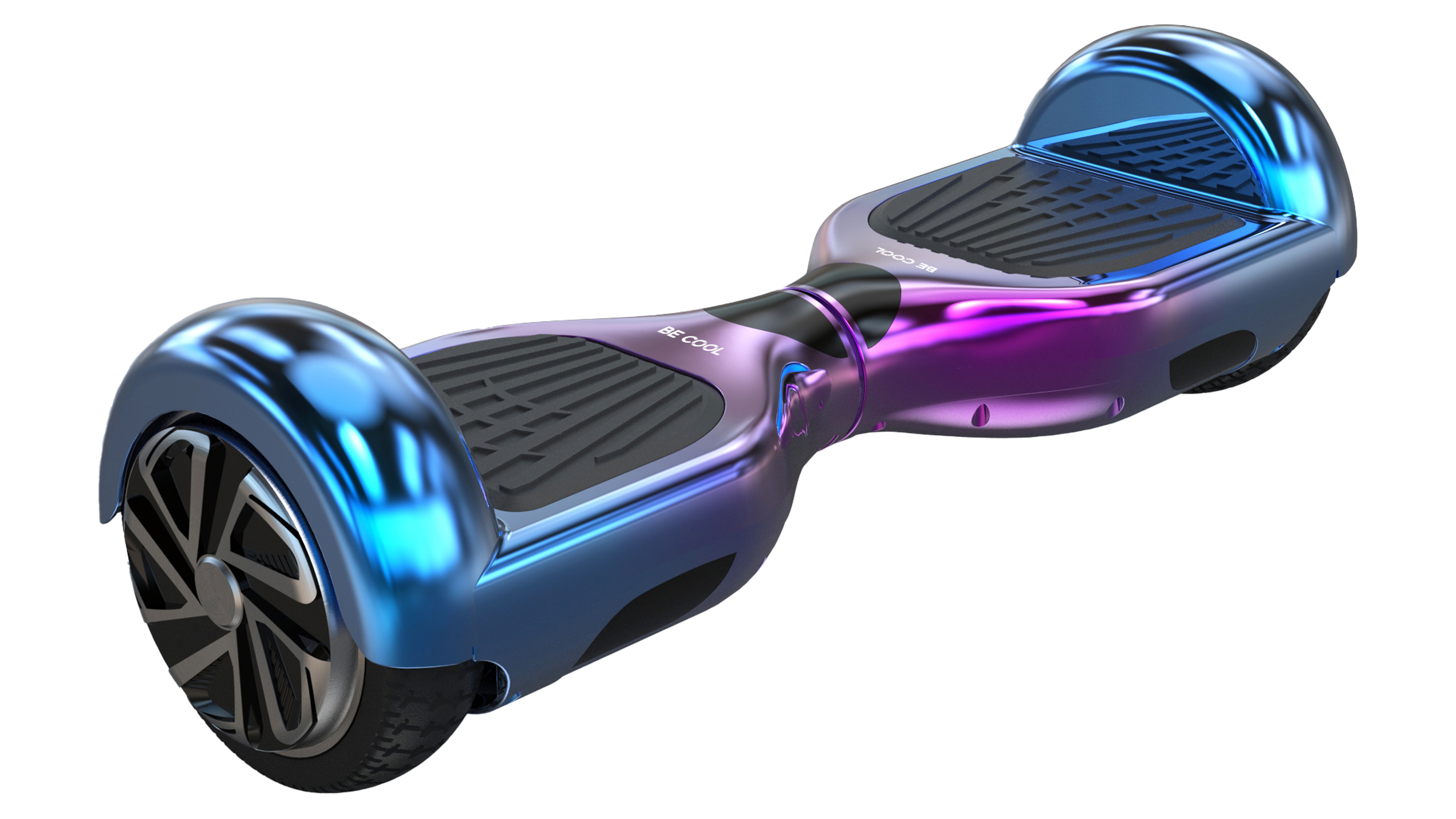 Blaues und lila Hoverboard mit schlankem Design auf weißem Hintergrund.