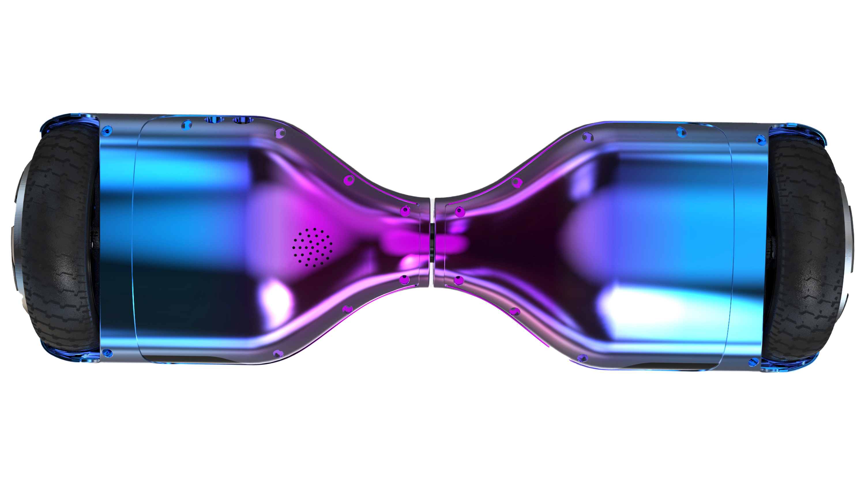 Ein blau-violettes Hoverboard, Draufsicht, mit schwarzen Rädern.