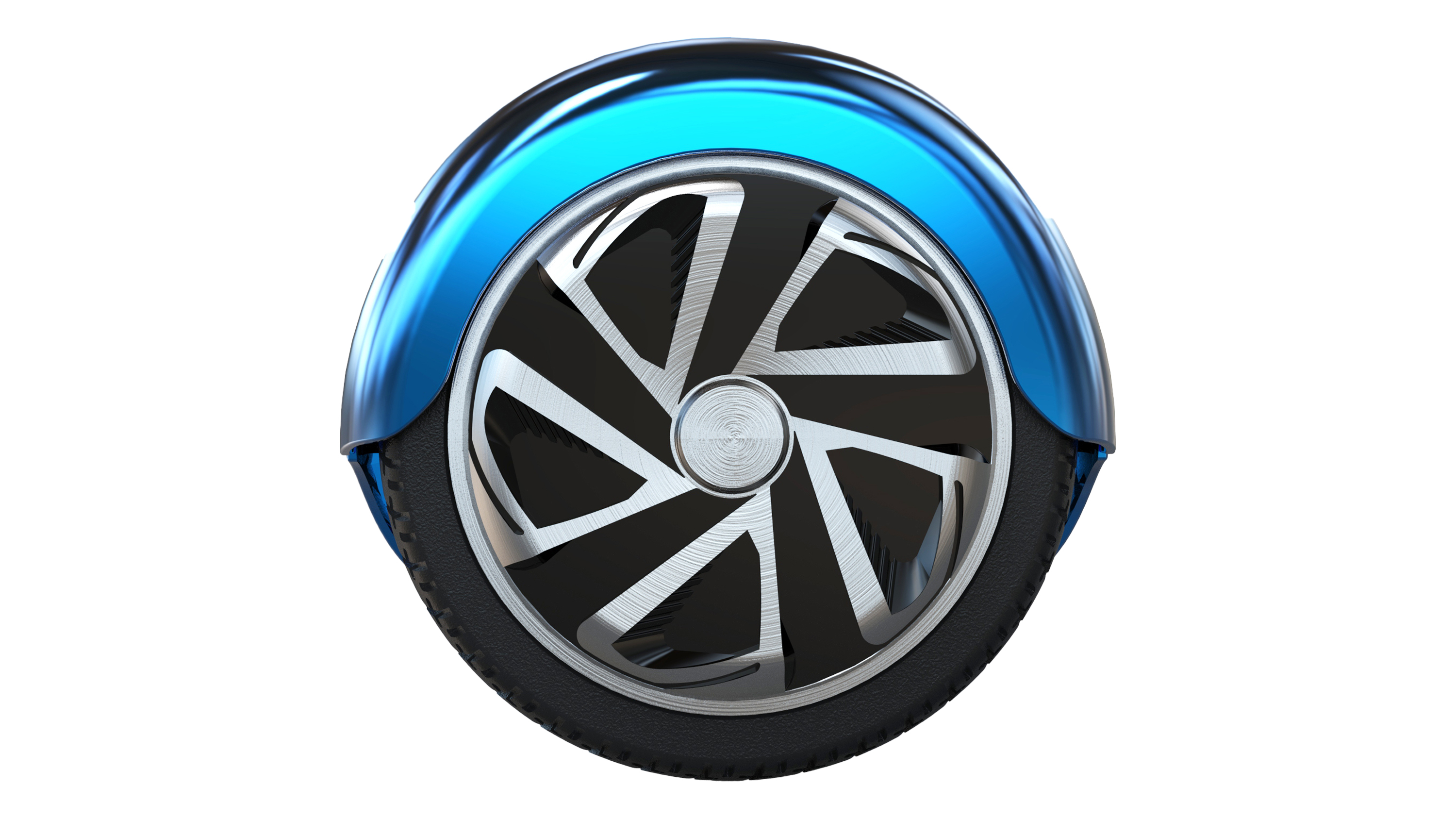 Blaues Hoverboard-Rad. Schwarzer Reifen. Silbernes Speichendesign. Weißer Hintergrund.