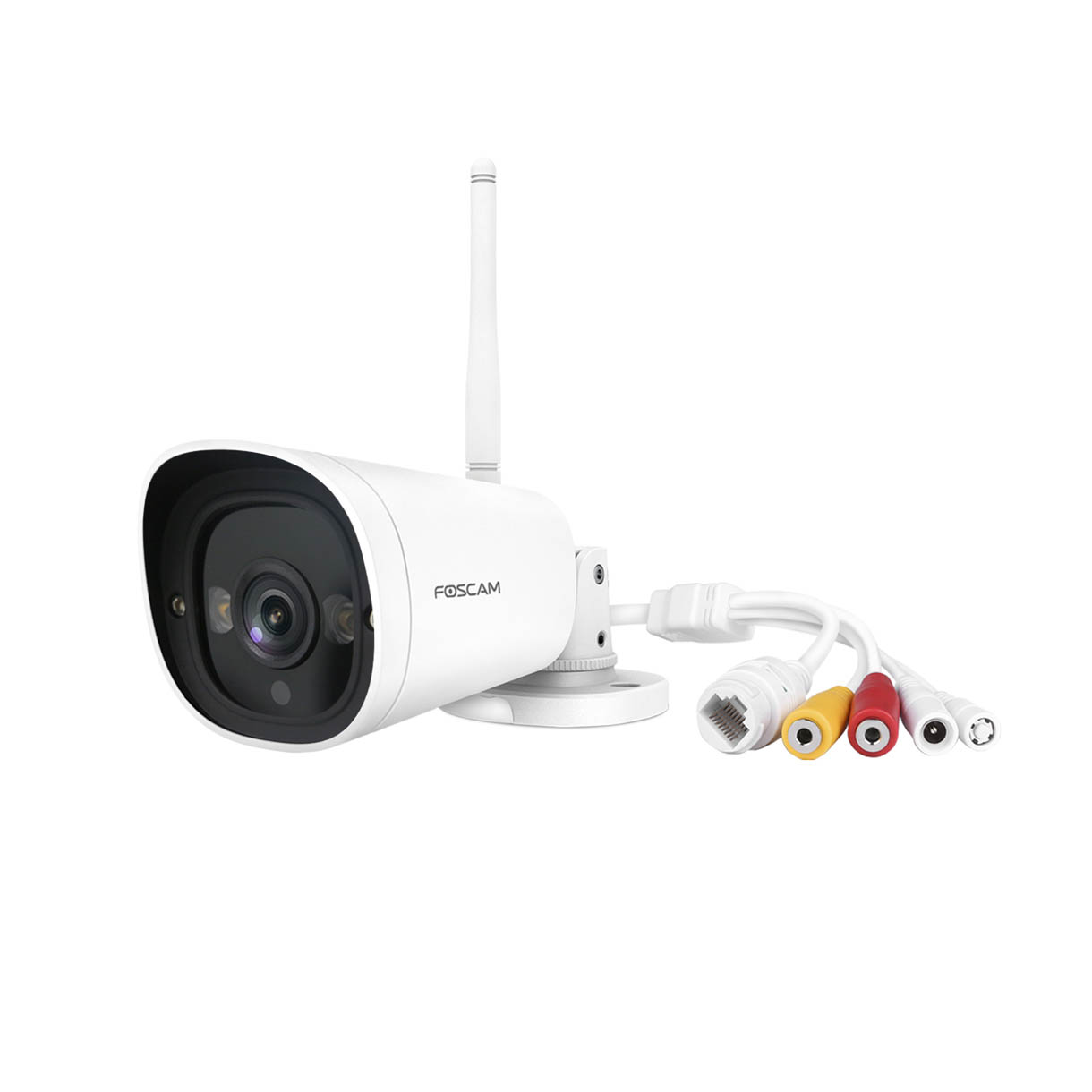 Telecamera di sicurezza bianca con antenna e connettori su sfondo bianco.