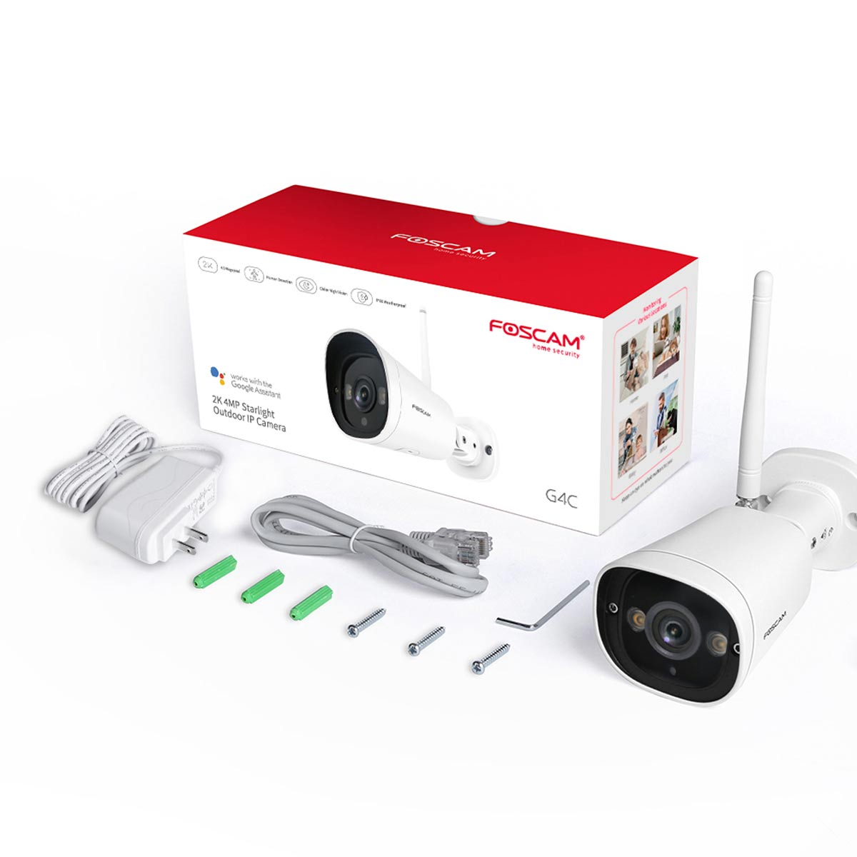 Una telecamera di sicurezza FOSCAM bianca con accessori su bianco e una scatola.