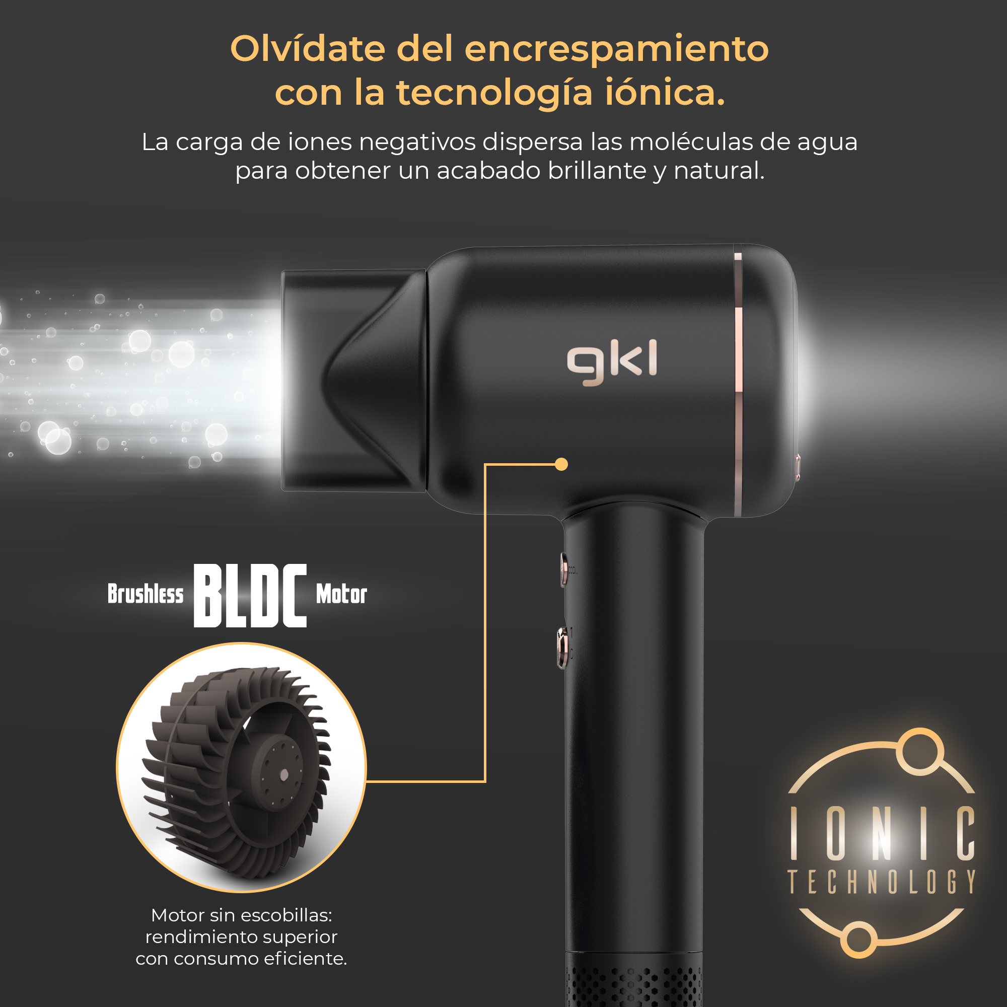Asciugacapelli nero con dettagli oro, motore brushless e tecnologia ionica.