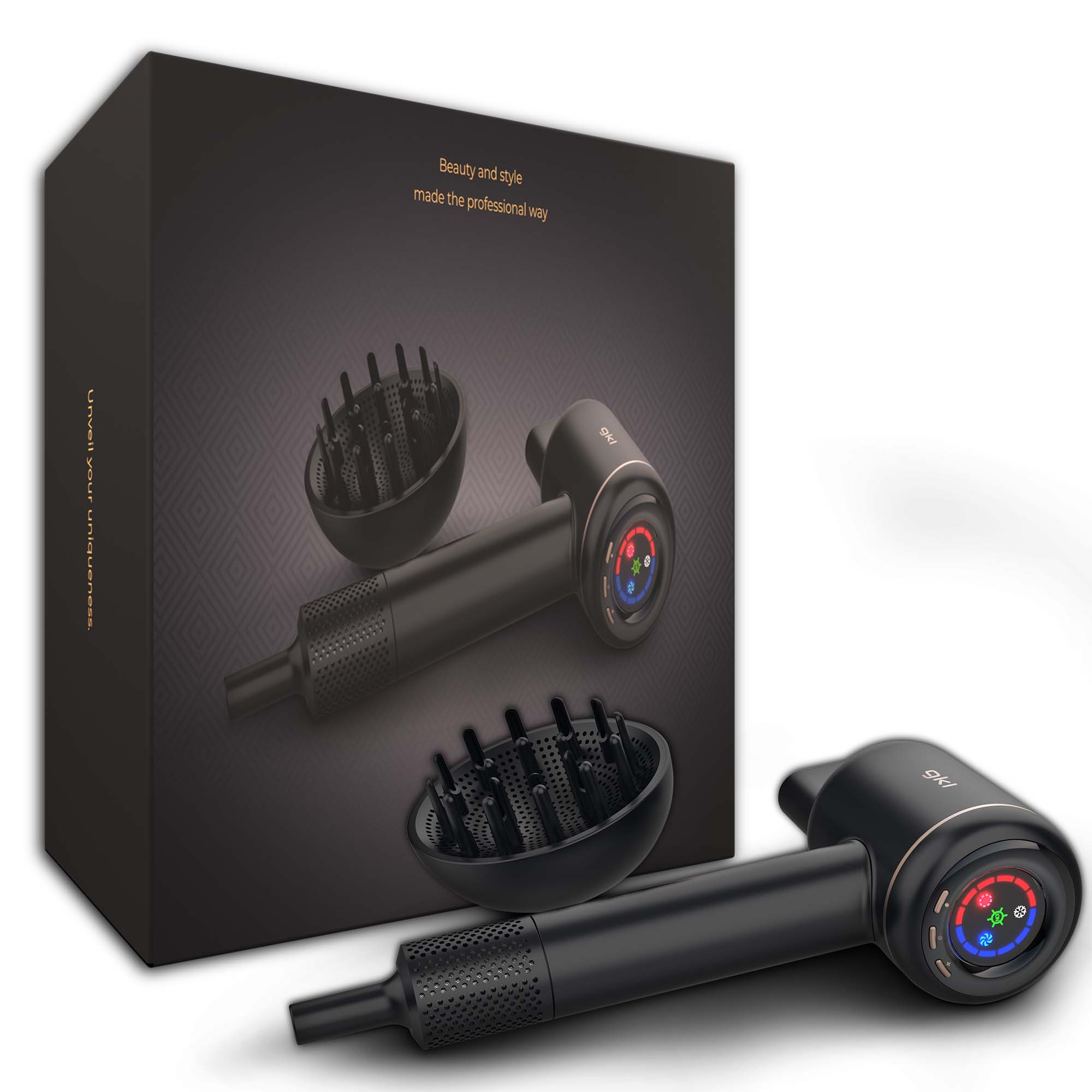 Asciugacapelli nero con due accessori, scatola con testo e sfondo bianco.