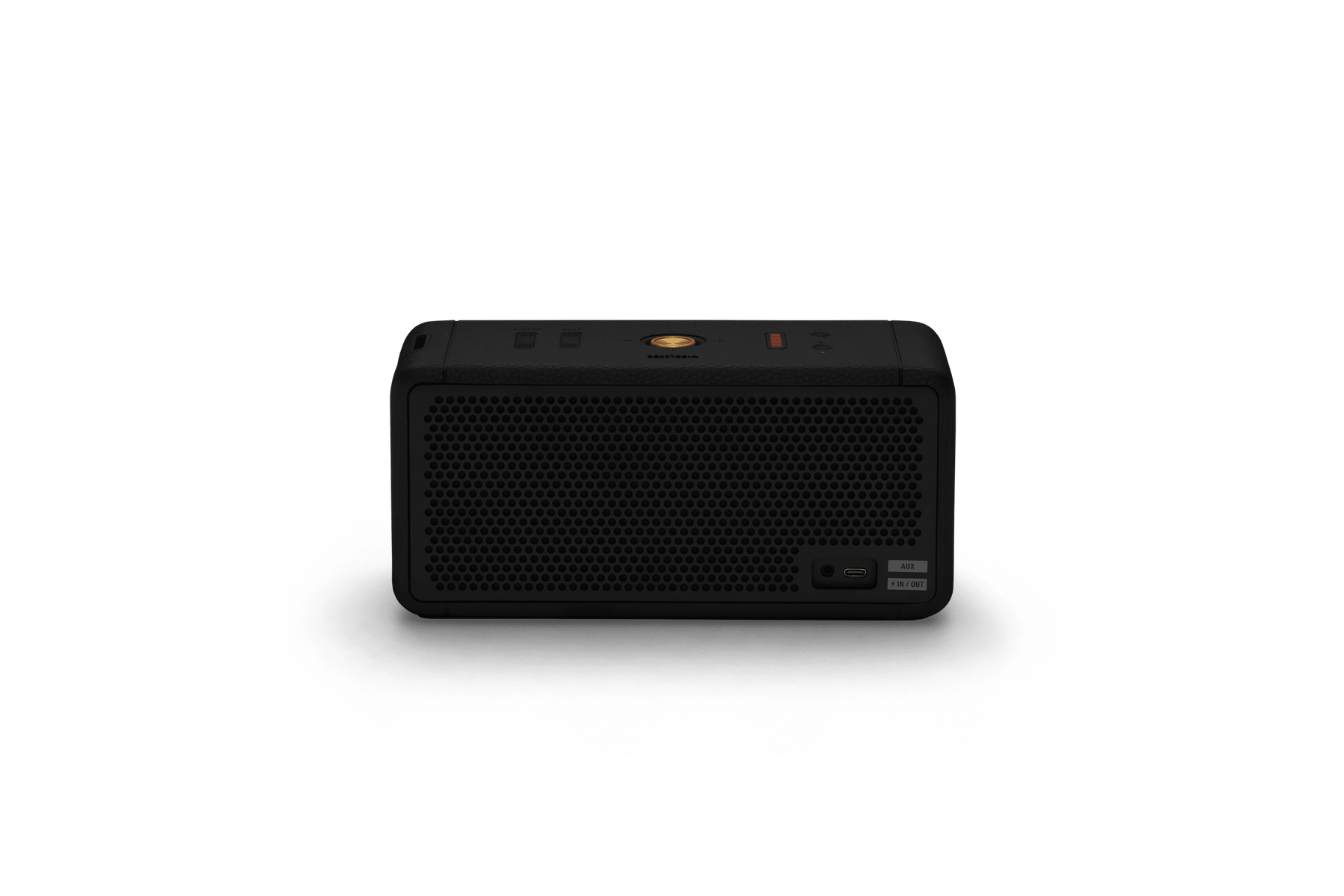 Schwarzer Lautsprecher auf schwarzem Hintergrund. Merkmale auf der Seite sichtbar.