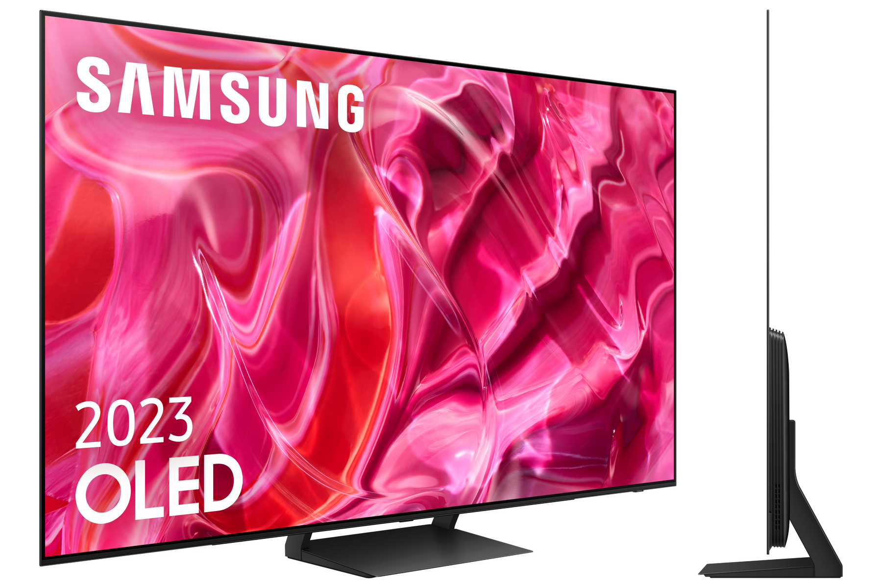 Nowoczesny telewizor OLED Samsung, czarna ramka, widok z boku, z żywym różowym tłem.