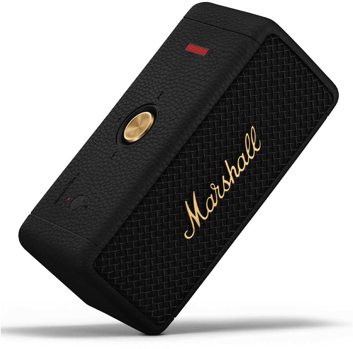 Altavoz Marshall negro con letras doradas, textura de cuero, luz roja.