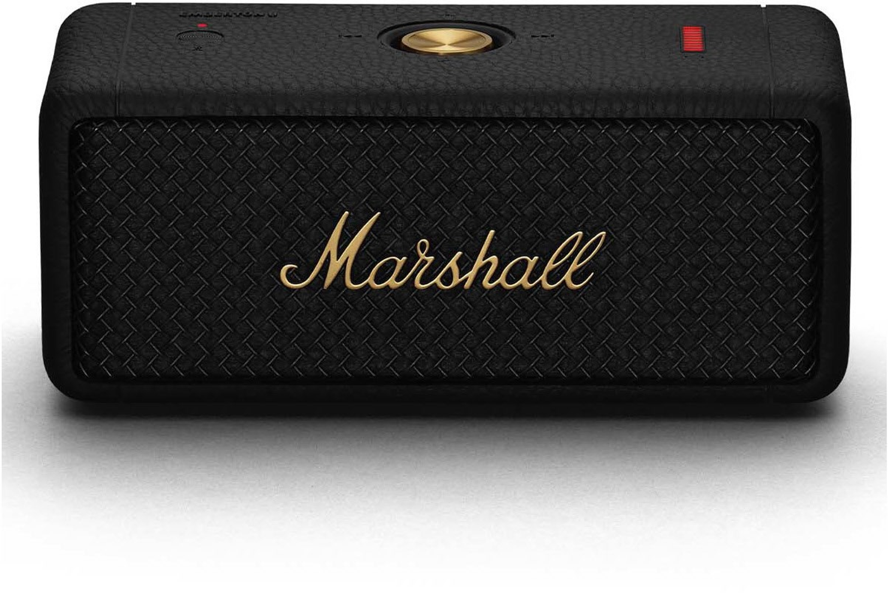 Altavoz Marshall negro con letras doradas. Pequeños botones y luz roja en la parte superior.