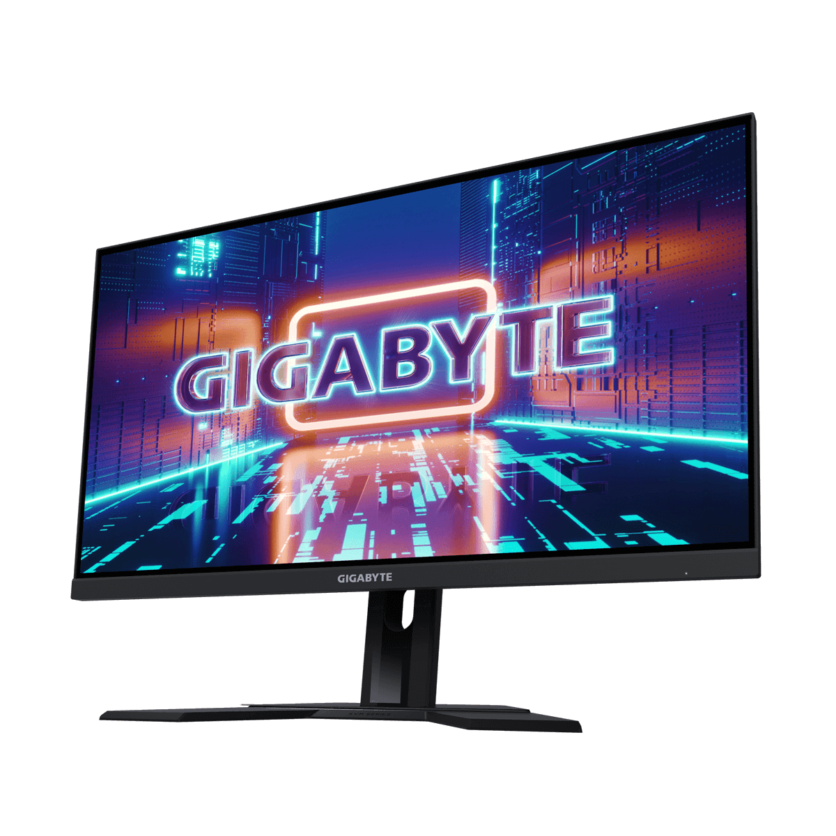 Un monitor nero mostra la parola GIGABYTE in bianco all'interno di un rettangolo al neon su uno sfondo blu futuristico.