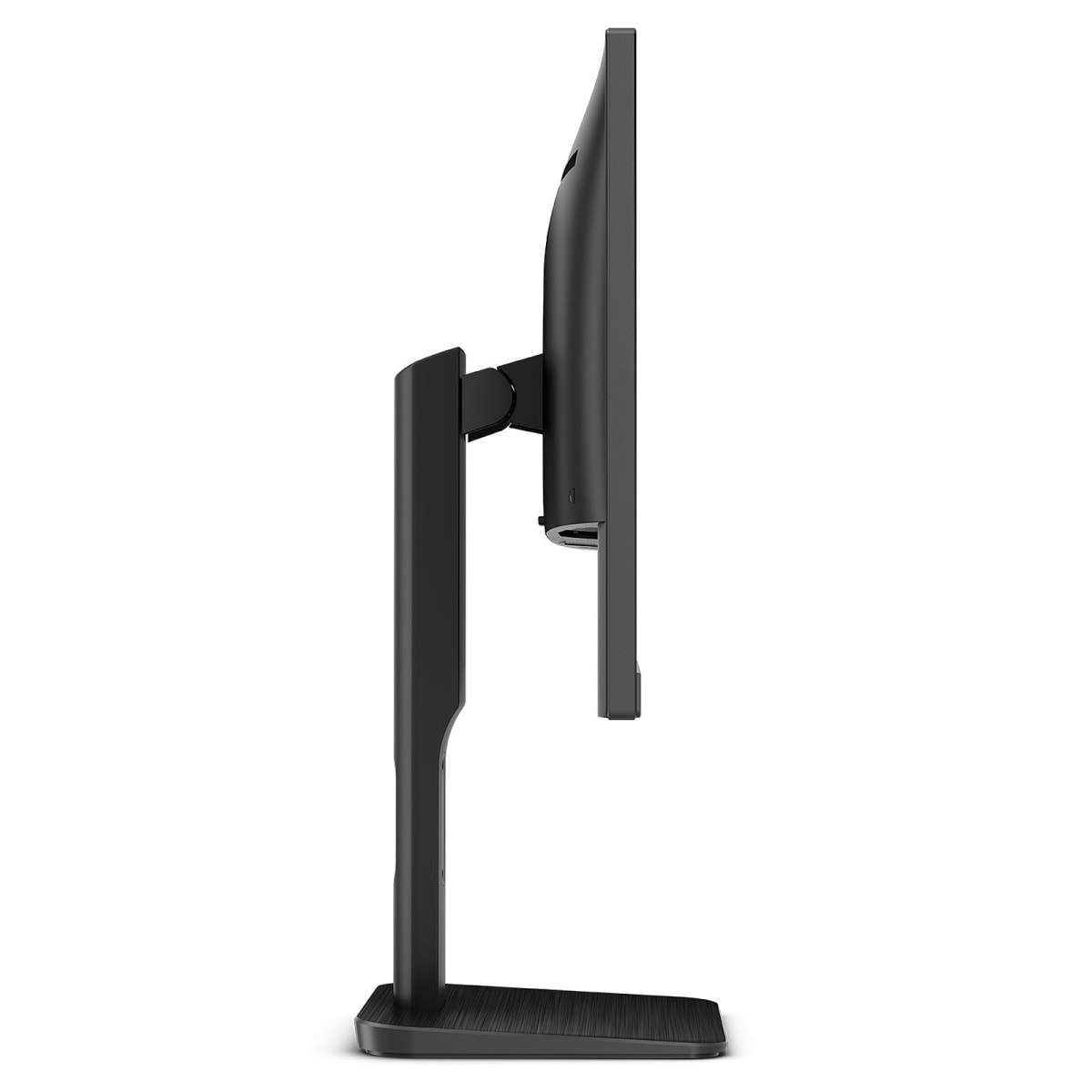 Monitor de computadora negro sobre un soporte, vista lateral, aislado.