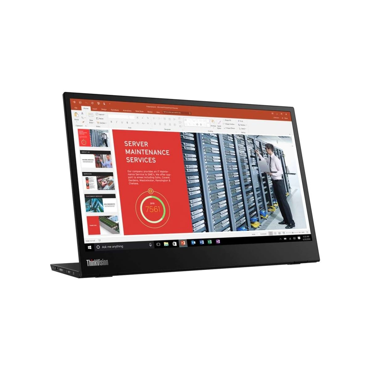 Czarny monitor wyświetlający prezentację z tekstem i mężczyzną. Ma podstawkę.