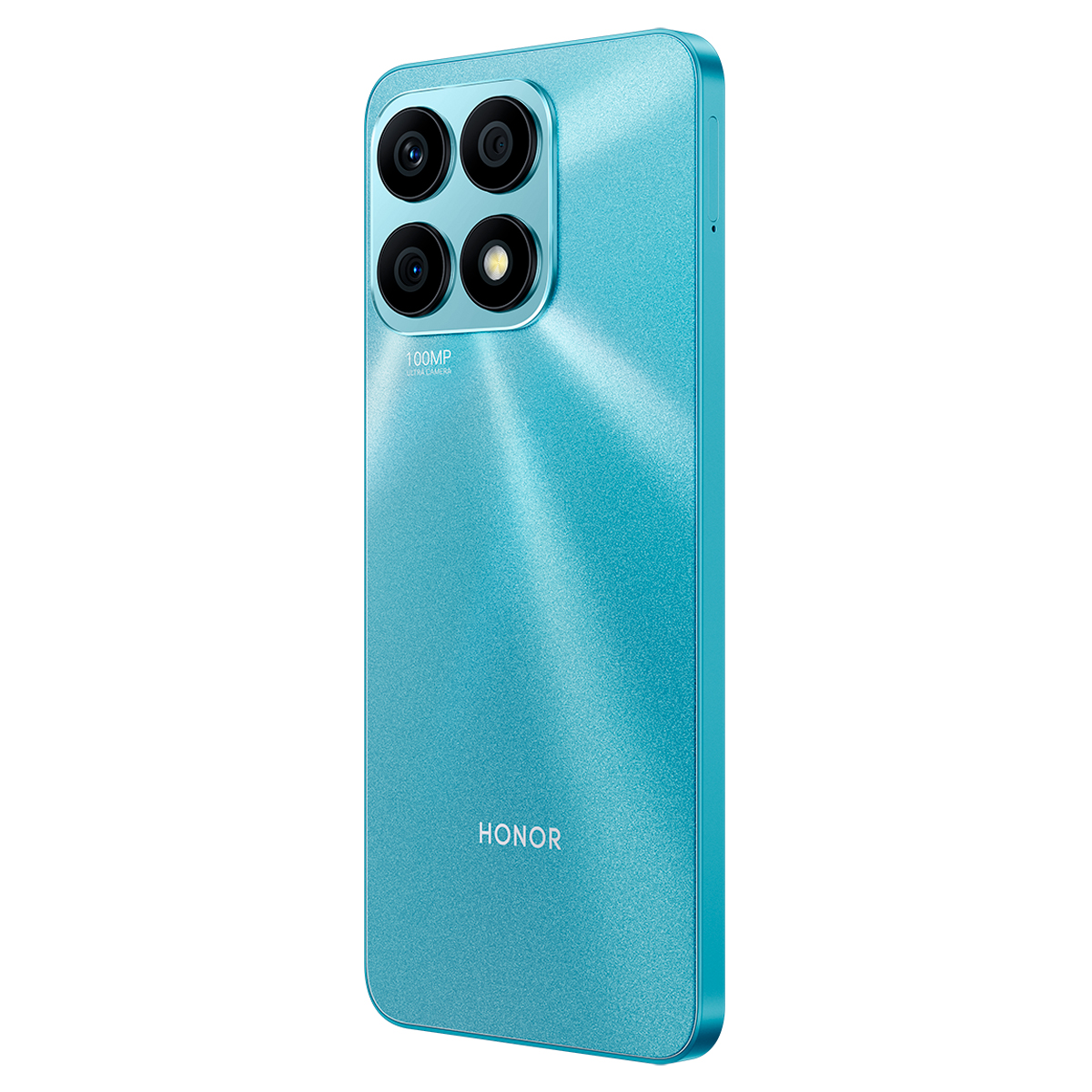 Hellblaues Honor-Telefon mit vier Rückkameras und blauer Rückseite.