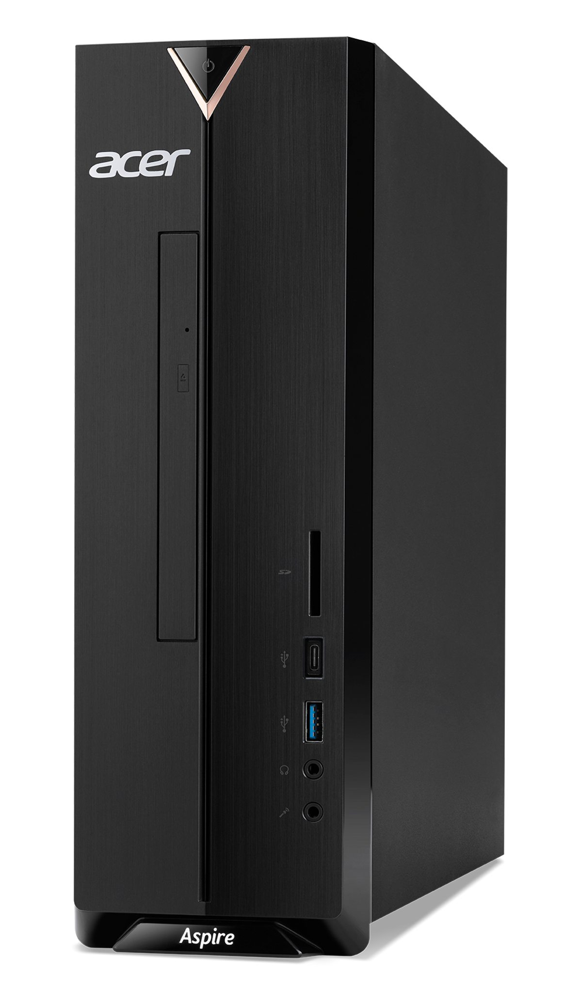 Computer desktop Acer Aspire nero. Vista frontale, con il logo Aspire.
