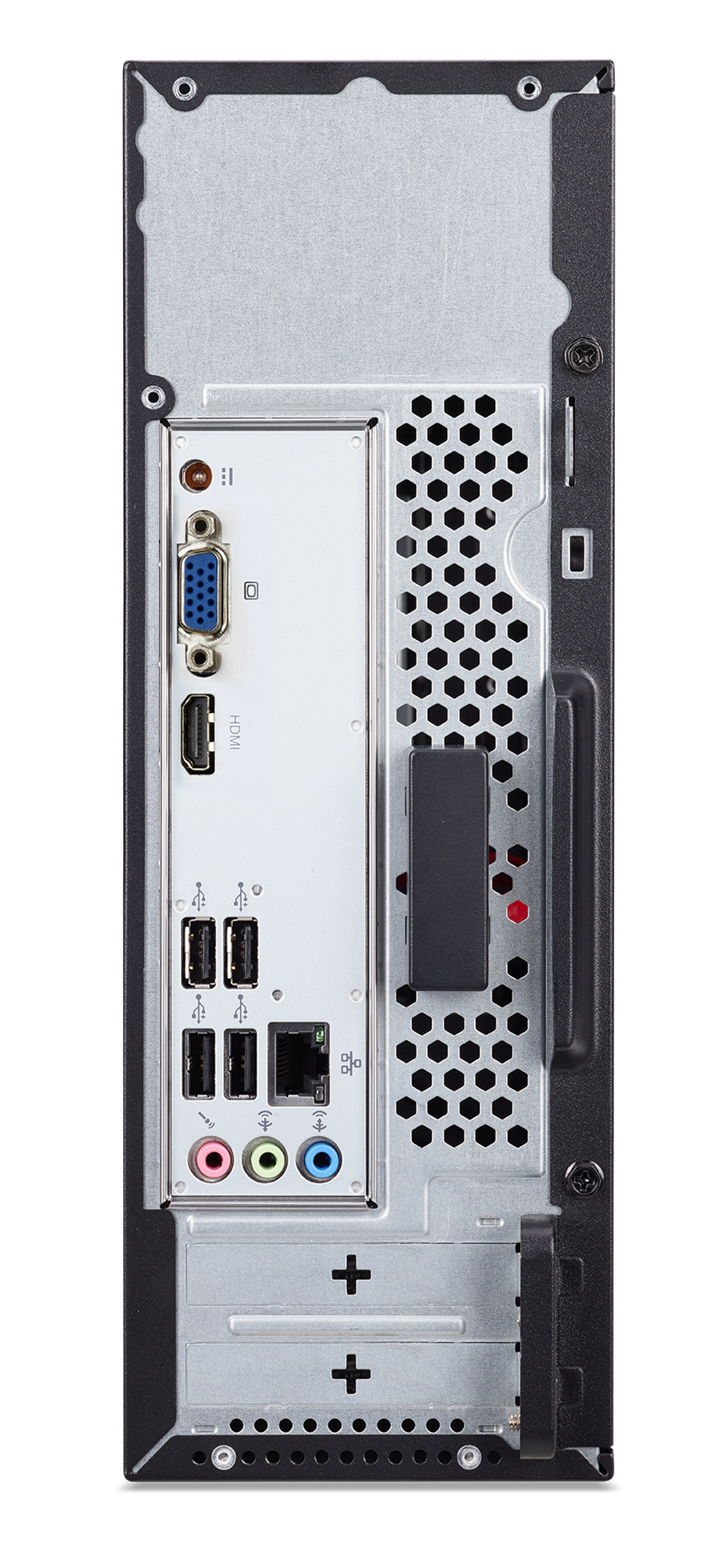 Pannello posteriore di un computer desktop nero con varie porte: VGA, HDMI, USB, ethernet e audio.