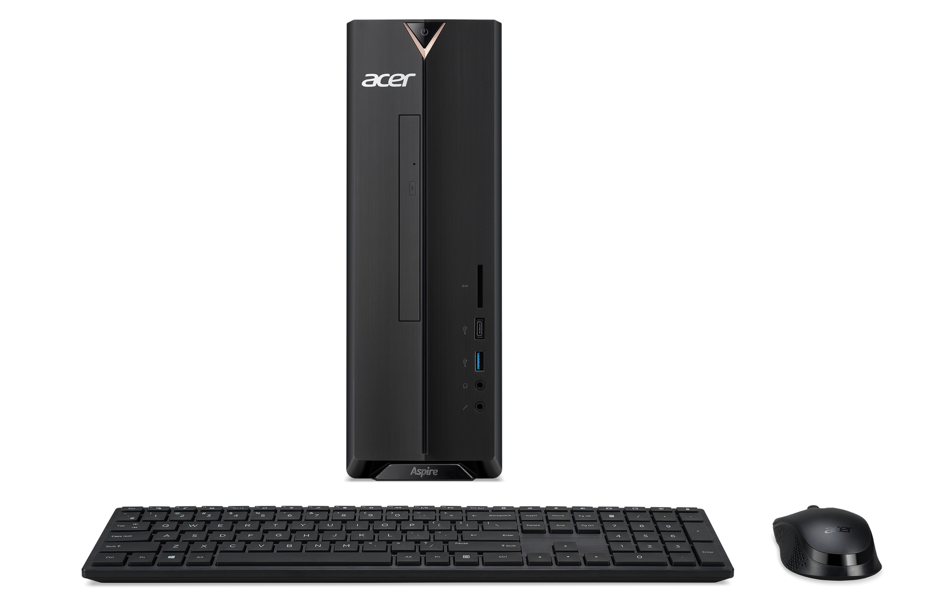 Un case nero per computer, tastiera, mouse e tappetino su una superficie nera.